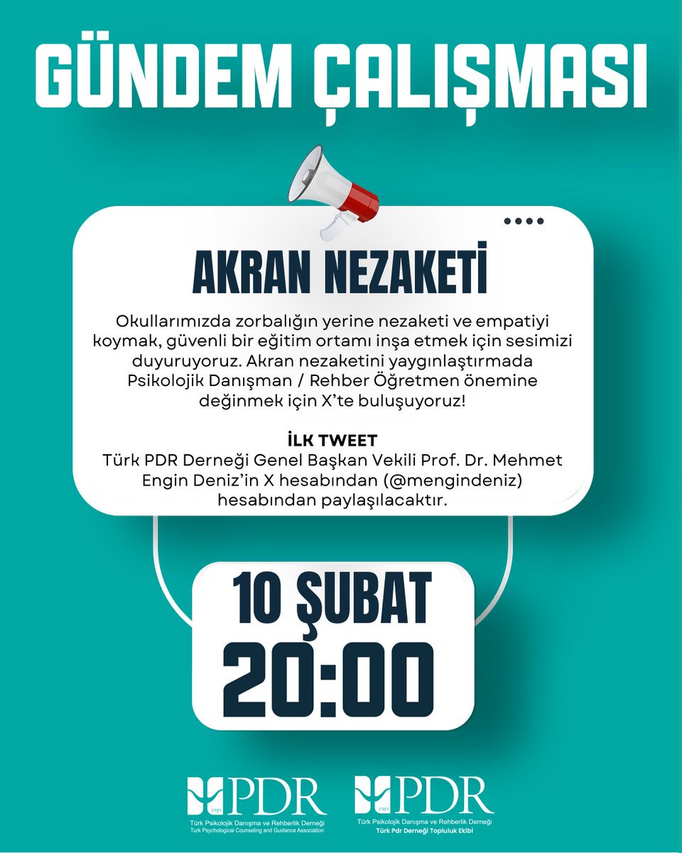 Okullarımızda zorbalığın yerine nezaketi ve empati koymak, güvenli bir eğitim ortamı inşa etmek için sesimizi duyuruyoruz. Akran nezaketini yaygınlaştırmada Psikolojik Danışman/ Rehber Öğretmen önemine değinmek için X’te buluşuyoruz.

​İlk tweet, Türk PDR Derneği Genel Başkan