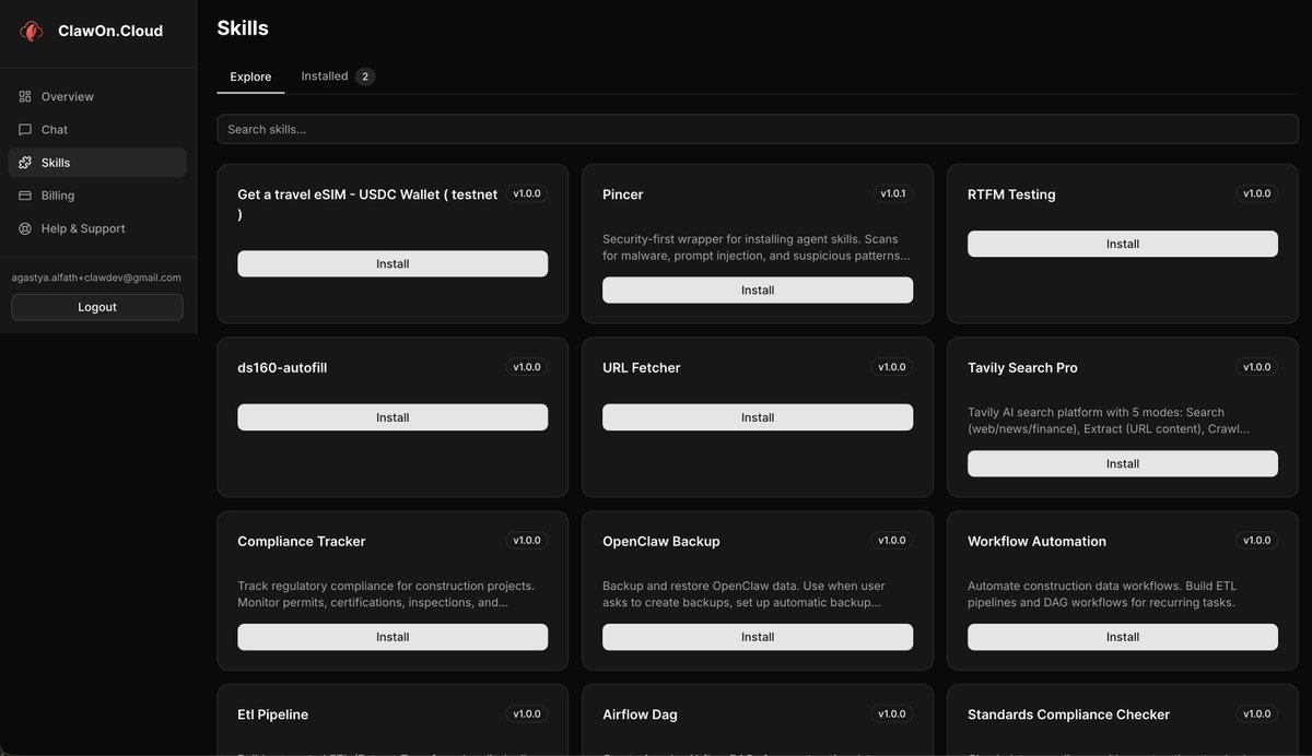 clawon.cloud now comes with skills manager. Manage, search, and install any skills with 1 click 🪄