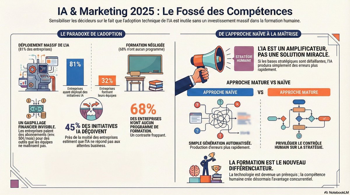 IA: 68% des entreprises n'ont aucun programme de formation. La techno avance vite.
Les compétences, beaucoup moins 😬

#IA #Formation #Entreprise