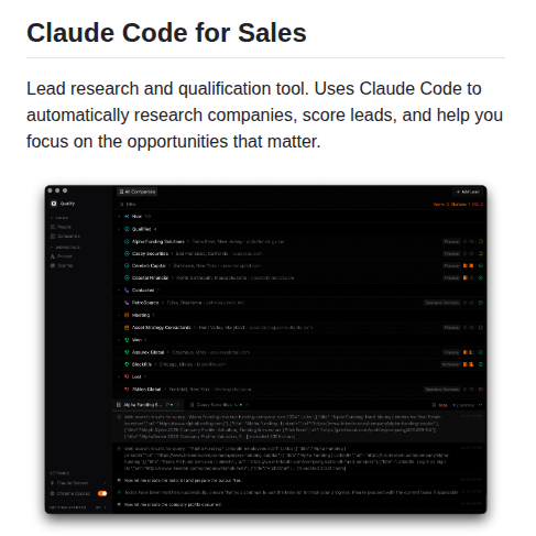 tom_doerr's tweet photo. Researches and scores leads using Claude Code

https://t.co/fuqtbTDYdf https://t.co/2GOjisyHLA
