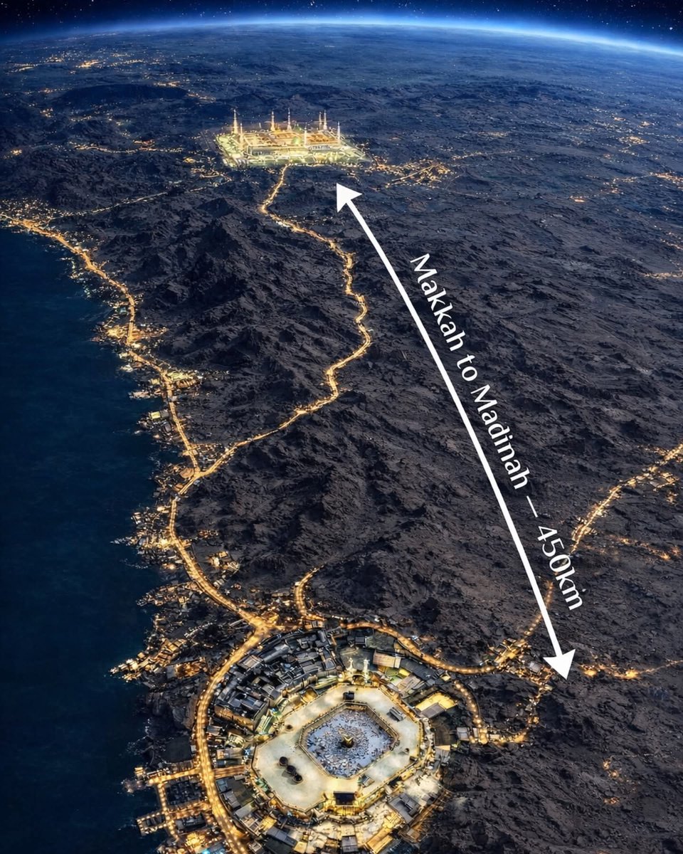 The distance between Mecca and Medina is approximately 450 kilometers.