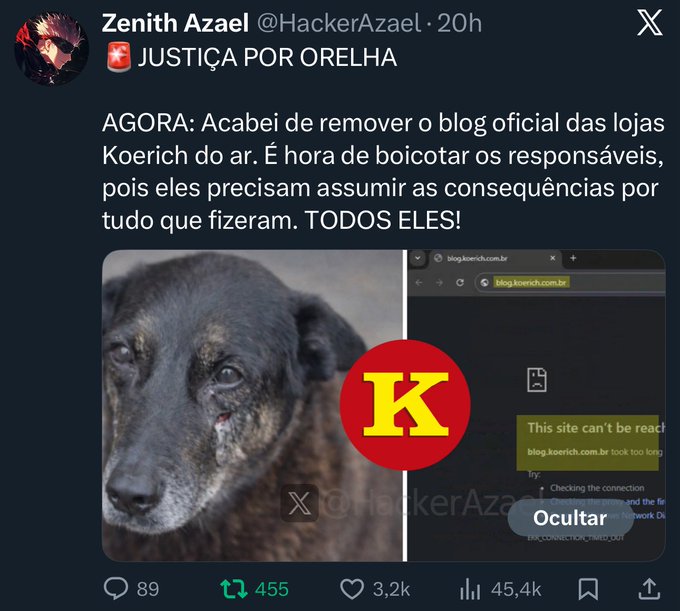 O caso Orelha ganhou  um novo capítulo:

O HACKER mais procurado do Brasil entrou na briga e os sites das empresas ligadas às famílias dos assassinos começaram a cair.

Quando o sistema falha, alguém ocupa o espaço. >
<a href="/HackerAzael/">Zenith Azael</a>, o Naruto comprou a Briga do Orelha ...   👀   👇