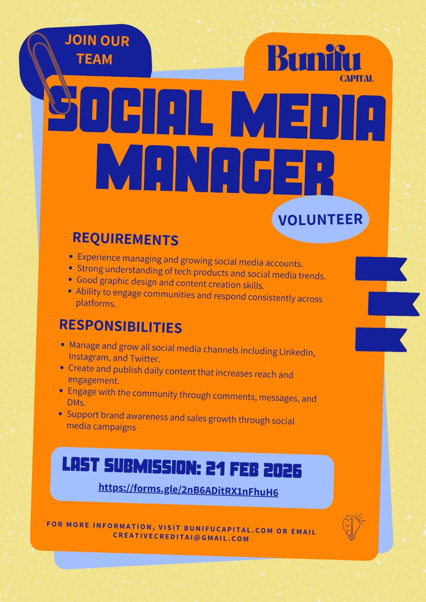 korva_v's tweet photo. WE'RE LOOKING FOR YOU!!
Are you passionate about storytelling, digital creativity, and using social media for impact? We’re looking for a Volunteer Social Media Manager to help grow the voice and visibility of an innovative, impact-driven initiative.

This is a great opportunity for someone who wants to build their portfolio, gain real responsibility, and be part of a mission that blends technology, creativity, and social impact.

🎯 Role Overview

As our Volunteer Social Media Manager, you will lead our online presence and help us build an engaged digital community.
APPLY HERE: https://t.co/SRdzBnFfp7