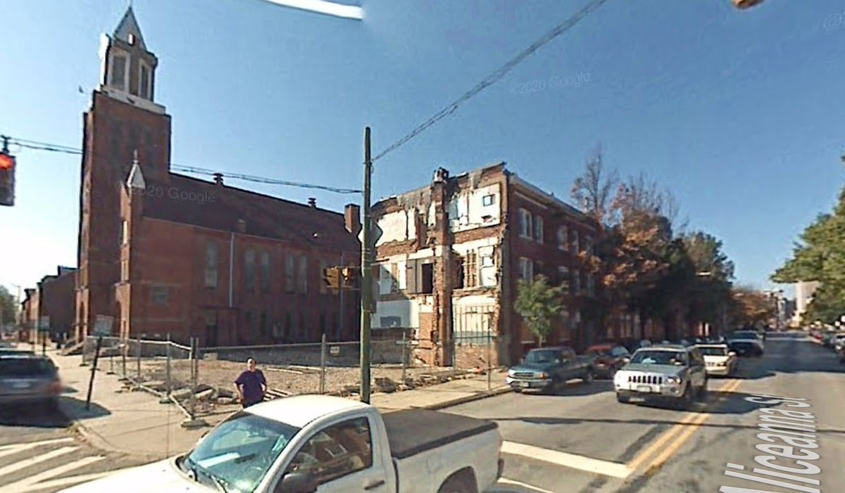 Pat_Lundberg's tweet photo. Seeing that folks liked this, figured good ole' streetview is a nice way to show how we've transformed some city properties (h/t @mnolangray).  
Here's the 1700 block of Aliceanna in Fells Point, Baltimore.  Turned a vacant lot to 12 rowhomes, and vacant church & rectory into a multi-tenant commercial building & a K-6 charter school