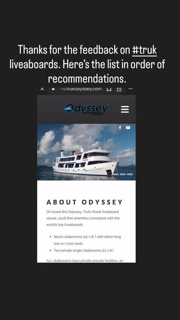 I asked dive industry folks for recos for #truklagoon liveaboards for a friend.  Here are the three they recommended in order of # of recos.  #odysseytruklagoon #pacificmasterliveaboard #thorfinn instagr.am/p/DUghICOCSun/