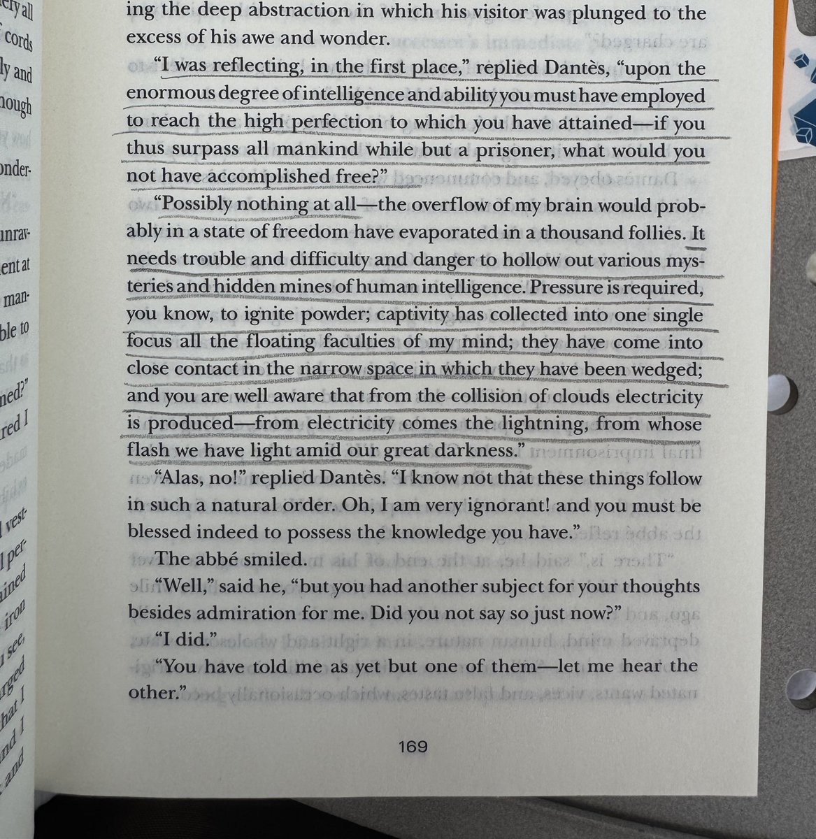 tishray's tweet photo. An important conversation in The Count of Monte Cristo. Dantès asks another prisoner (who accomplishes a lot in his confinement) what he might have become if he was was free. 

His answer is probably nothing, and for a good reason. https://t.co/YSiYKVwmEP