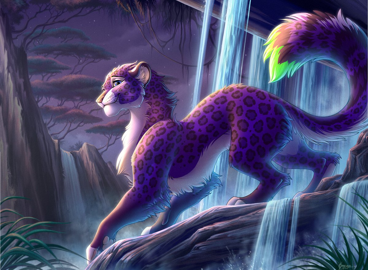 OmegaLionessVY's tweet image. In his twilight kingdom. 
For my old good friend Garder :3 
#feline #feral #cat #leopard #twilight #waterfall #art #cartoon #2d #digital #illustration #oc #originalcharacter #character