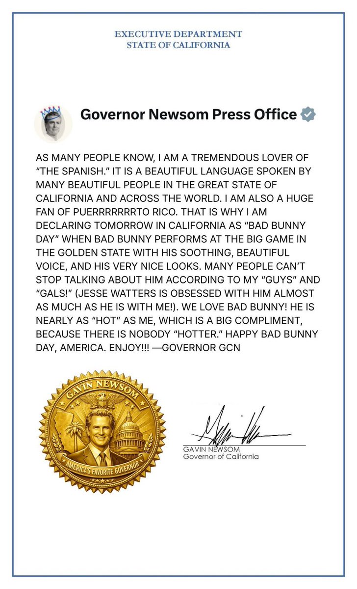 California is declaring today “Bad Bunny Day” in honor of his Apple Music #SuperBowl LX Halftime Show.