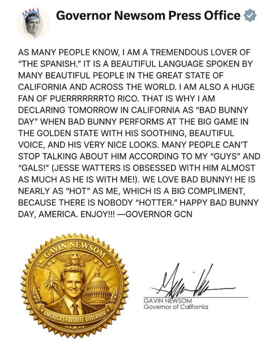 Newsom declaring today, Super Bowl Sunday, “Bad Bunny Day” is an absolute kick in the balls to EVERY REAL American. 

Bad Bunny is a queer, America hating communist. May God have mercy on your grifting soul <a href="/GavinNewsom/">Gavin Newsom</a>