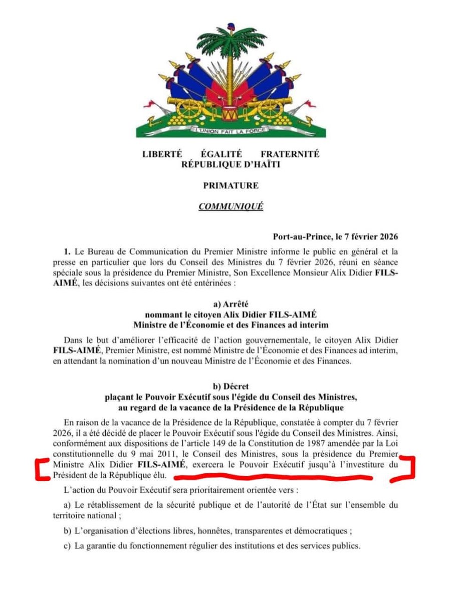 Sans accord politique,  Alix Didier Fils aimé est devenu le seul chef de l’Exécutif.  Avec la complicité des Ministres issus des 62 partis politiques,  parties prenantes du CPT de la honte, Il s’est octroyé un mandat sans durée, jusqu’à l’installation du président élu.