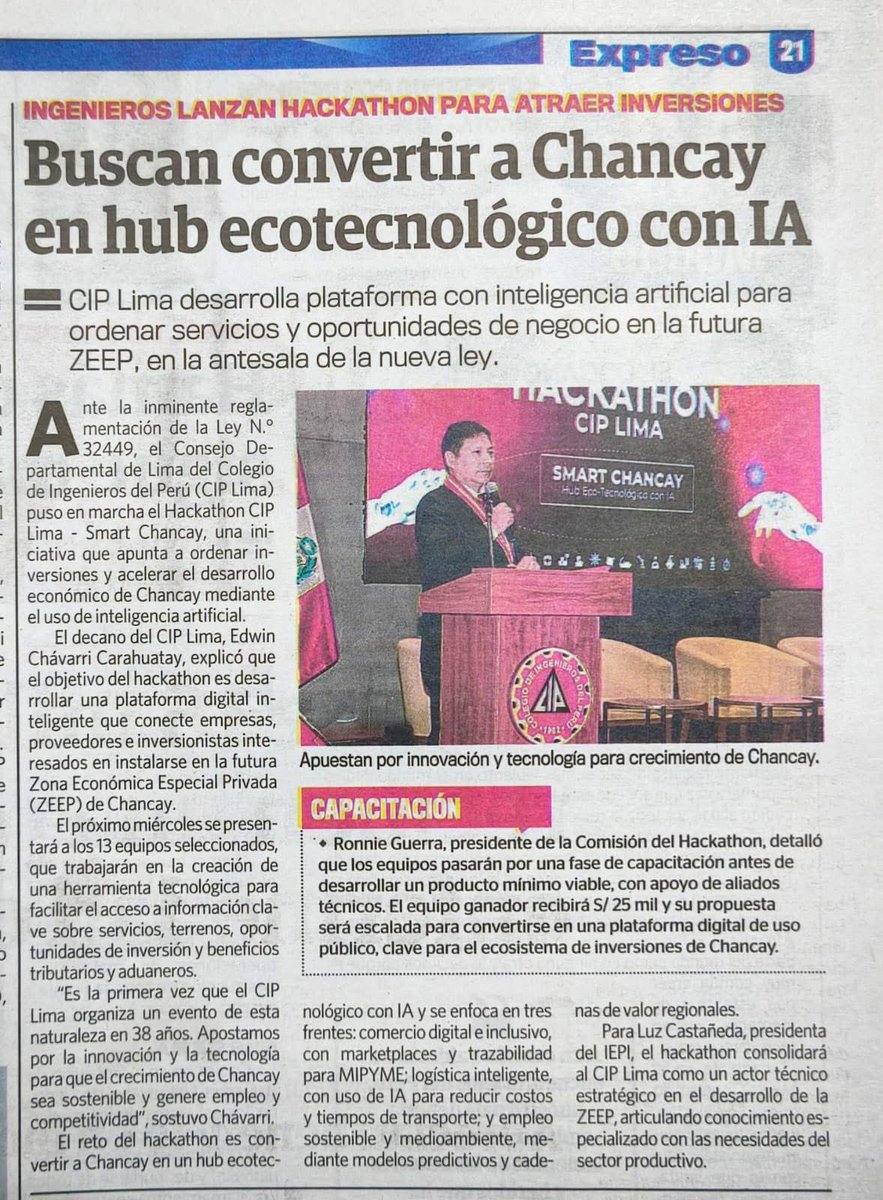 EdwinChavarri's tweet photo. 📍 Chancay está a punto de convertirse en una gran oportunidad para el Perú.

Desde el CIP Lima impulsamos el Hackathon Smart Chancay, una iniciativa que busca convertir a Chancay en un hub ecotecnológico con Inteligencia Artificial, https://t.co/LThHWovJgh
