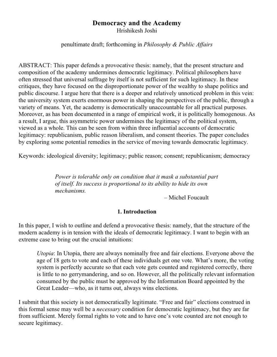 The academy is democratically unaccountable and politically homogeneous. So what? 

New from <a href="/HSJSpeaks/">H S Joshi</a>: “This paper defends a provocative thesis: namely, that the present structure and composition of the academy undermines democratic legitimacy.”