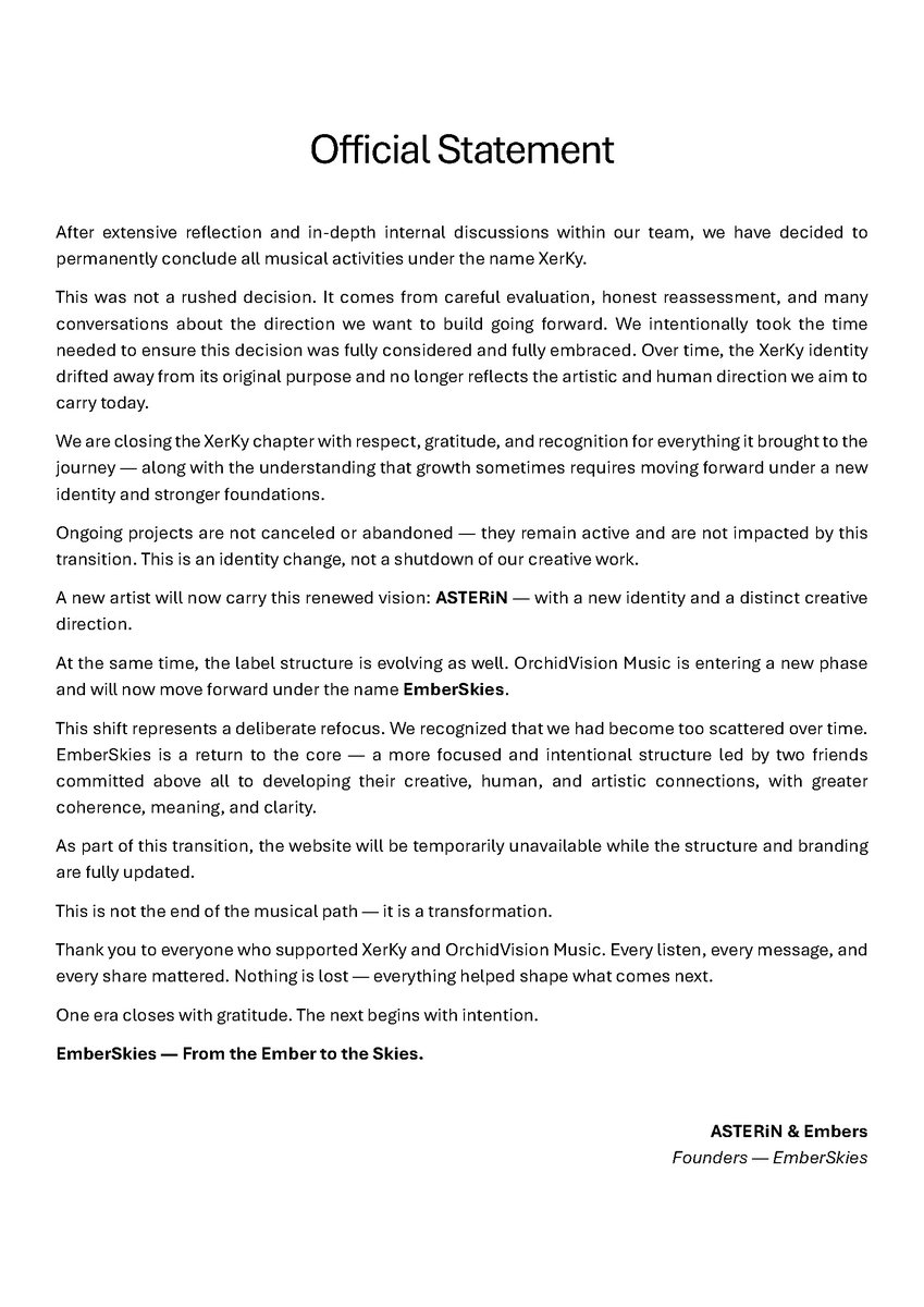 XerKyMusic's tweet photo. One chapter closes, another begins.
Next chapter starts here → @ASTERiNMusic  @EmberSkiesMus 

Thank you for everything — from the bottom of our hearts. https://t.co/QMzSvJriOL