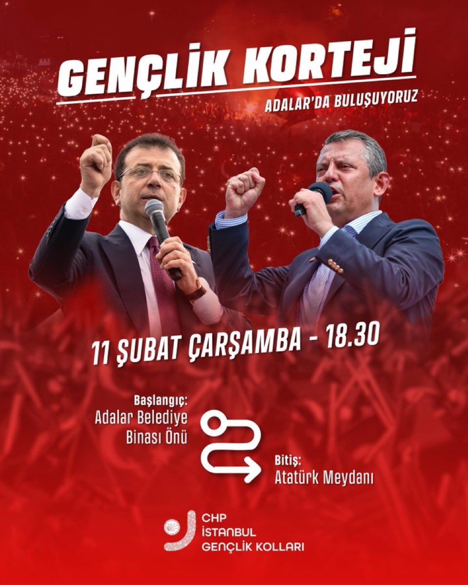 Susmayacağız, vazgeçmeyeceğiz!

Genel Başkanımız Özgür Özel’in öncülüğünde; Cumhurbaşkanı Adayımız Ekrem İmamoğlu’na, haksız yere tutuklu bulunan belediye başkanlarımıza ve tüm yol arkadaşlarımıza sahip çıkmak için Adalar’da buluşuyoruz.