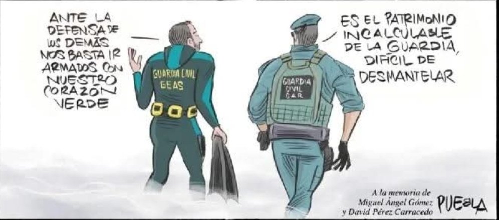 APROGC's tweet image. Mañana es el desgraciado aniversario del asesinato de nuestros compañeros en Barbate.
Nuestro socio de honor @PUEBLAdibujante los homenajeó en una de sus grandes viñetas, que seguro seguirá haciendo. GRACIAS.

#ElHonorEsMiDivisa