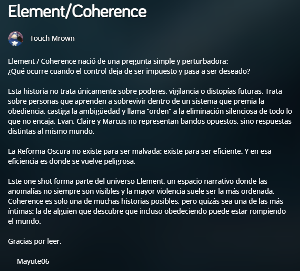 LmentProject's tweet photo. Nueva historia corta: Element/Coherence, ya disponible en inkspired!

https://t.co/QFOTWIEyfm https://t.co/D7z9aO6tEJ