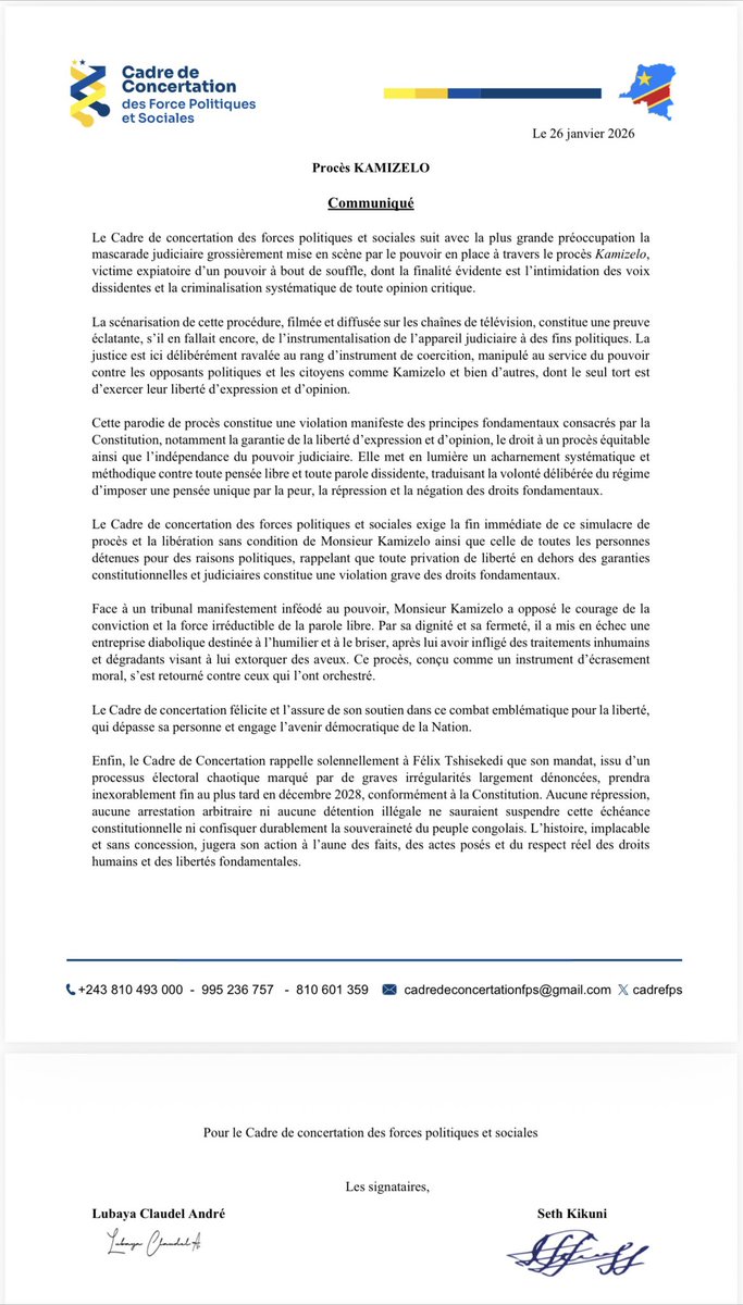 #RDC: «  Cadre de Concertation rappelle solennellement à Félix Tshisekedi que son mandat, issu d’un processus électoral chaotique marqué par de graves irrégularités largement dénoncées, prendra inexorablement fin au plus tard en décembre 2028, conformément à la Constitution.