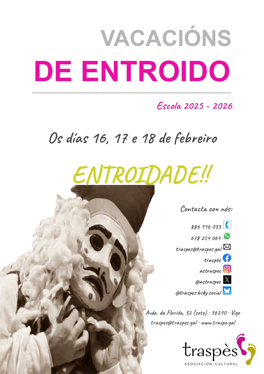 Os días 16, 17 e 18 de febreiro estaremos de vacacións pola celebración do Entroido 🎭
.
Podedes contactar con nós neses días a través do teléfono, correo electrónico e redes sociais 👣
.
Desfrutade e pasádeo moi ben!
.
#traspés #traspès #escolatraspés #vacacións #entroido