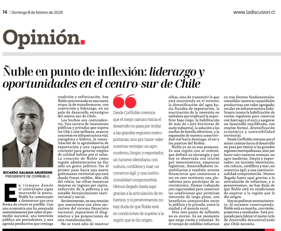 Ñuble tiene liderazgo, proyectos, inversión y un oportunidad real de convertirse en un polo estratégico del centro-sur de Chile
Desafío: consolidar capacidades, escalar infraestructura y apostar por un desarrollo sostenible
#Ñuble #DesarrolloRegional #Descentralización #Inversión