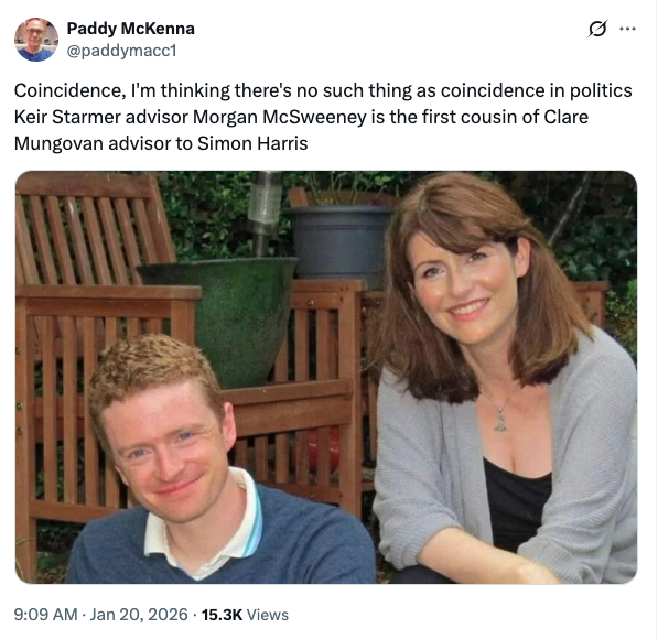 🚨The can of worms just keeps opening. Morgan McSweeney, Keir Starmer’s former chief of staff and key Labour strategist, is first cousins with Clare Mungovan, a special adviser to Irish Taoiseach Simon Harris. Their family comes from Macroom, Co. Cork, with a Fine Gael background