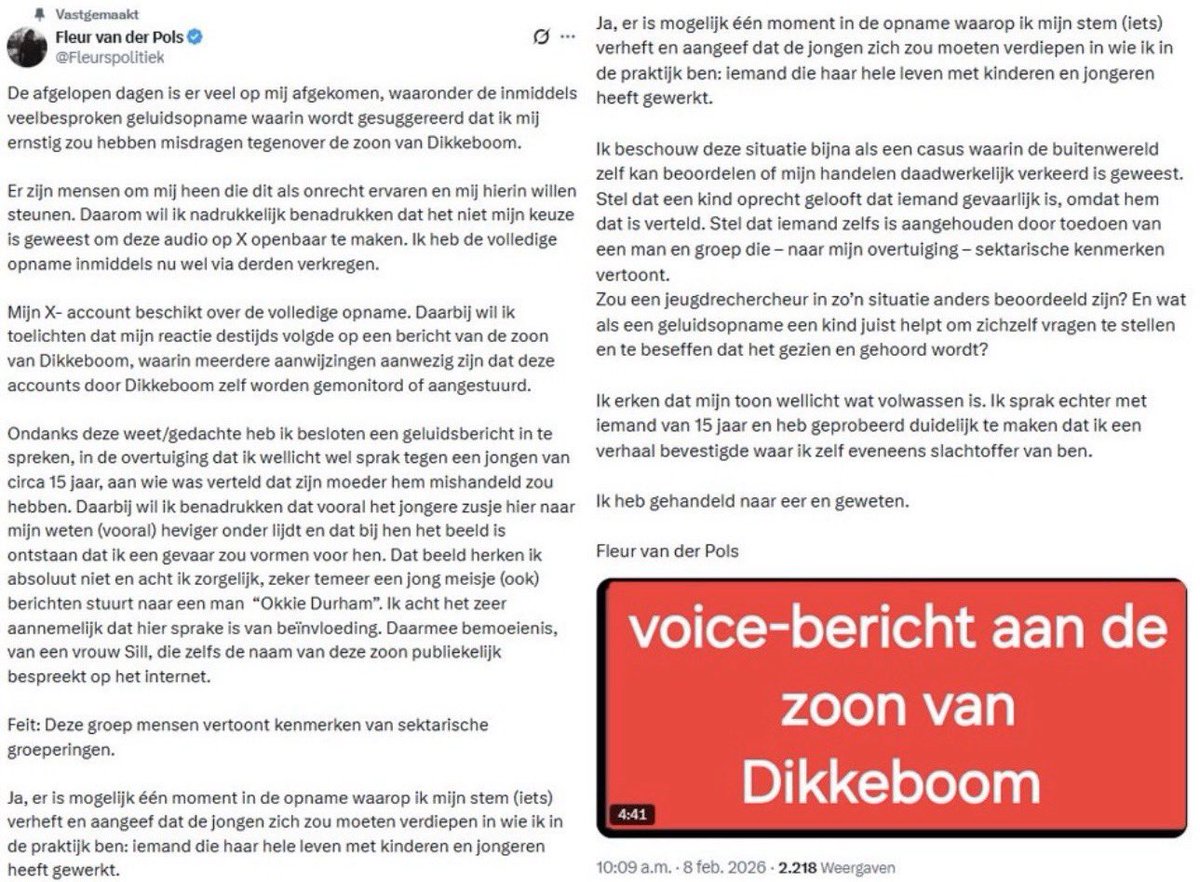 NDikkeboom's tweet image. Van der Pols negeerde de verzoeken van mijn minderjarige zoon en sprak een voice-memo in van zo’n 5 minuten, vól met laster over zijn vader. 

Om het nóg erger te maken plaatste zij de audio vandaag online. In de begeleidende tekst staan WEER tal van strafbare uitingen #laster