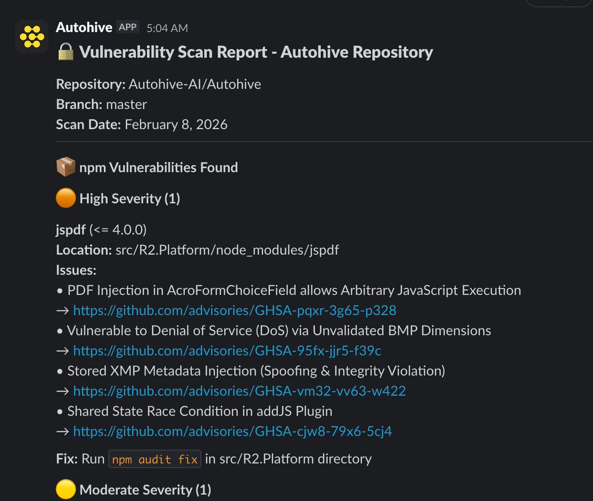 We now have <a href="/autohiveai/">Autohive</a> doing its own vulnerability scanning, and patching, on itself.

Not a public feature yet, but Autohive manages its own code base in sandboxes, and undertakes maintenance tasks for the team like this.