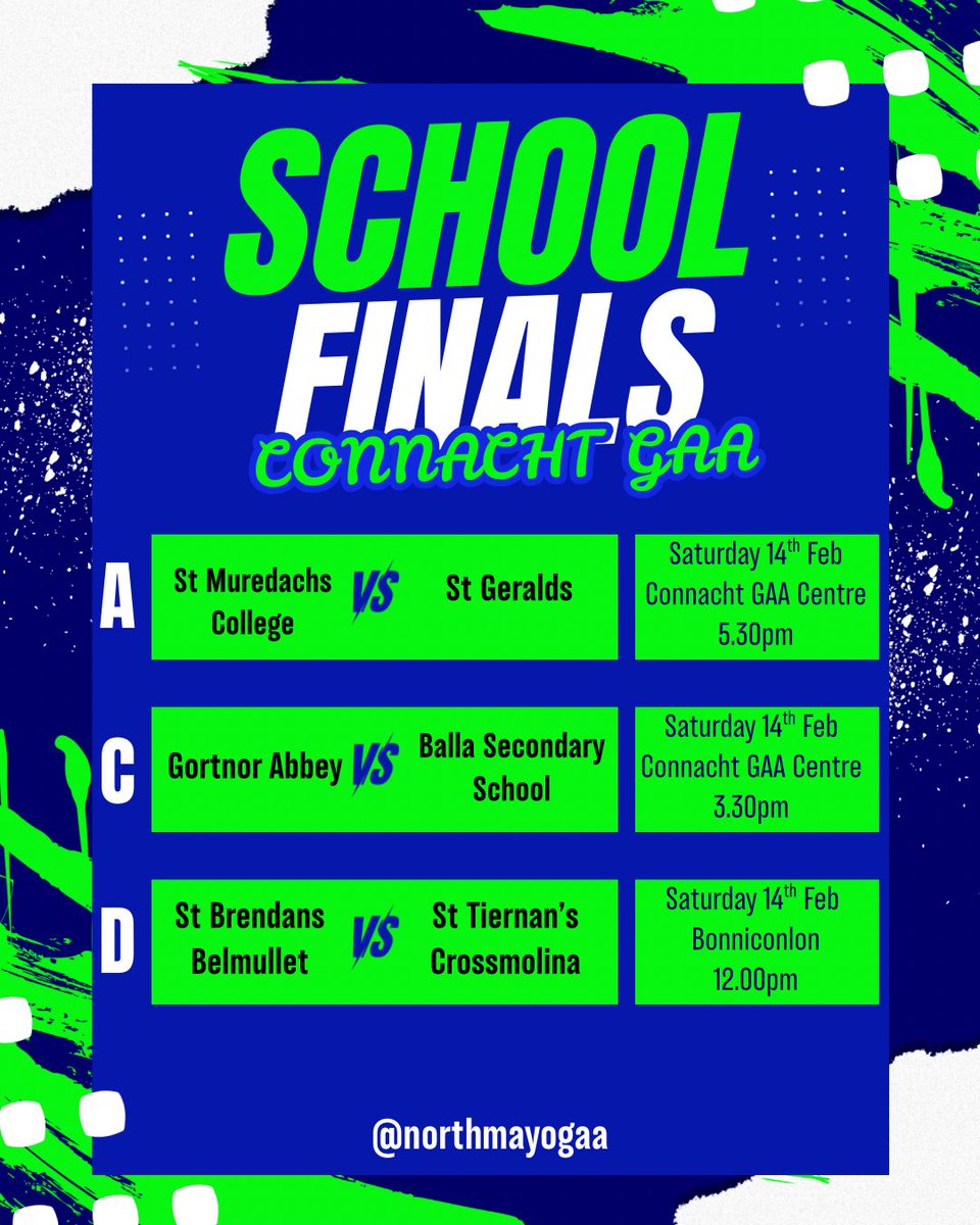 GaaNorth's tweet photo. Best of luck to all teams competing in the Mezzino Post Primary Schools Connacht Finals next weekend – a brilliant achievement to see four North Mayo schools represented in the Finals
@StMuredachs @StTiernans @Gortnor_Abbey @Saint_Brendans https://t.co/Sr4T6mYGvl