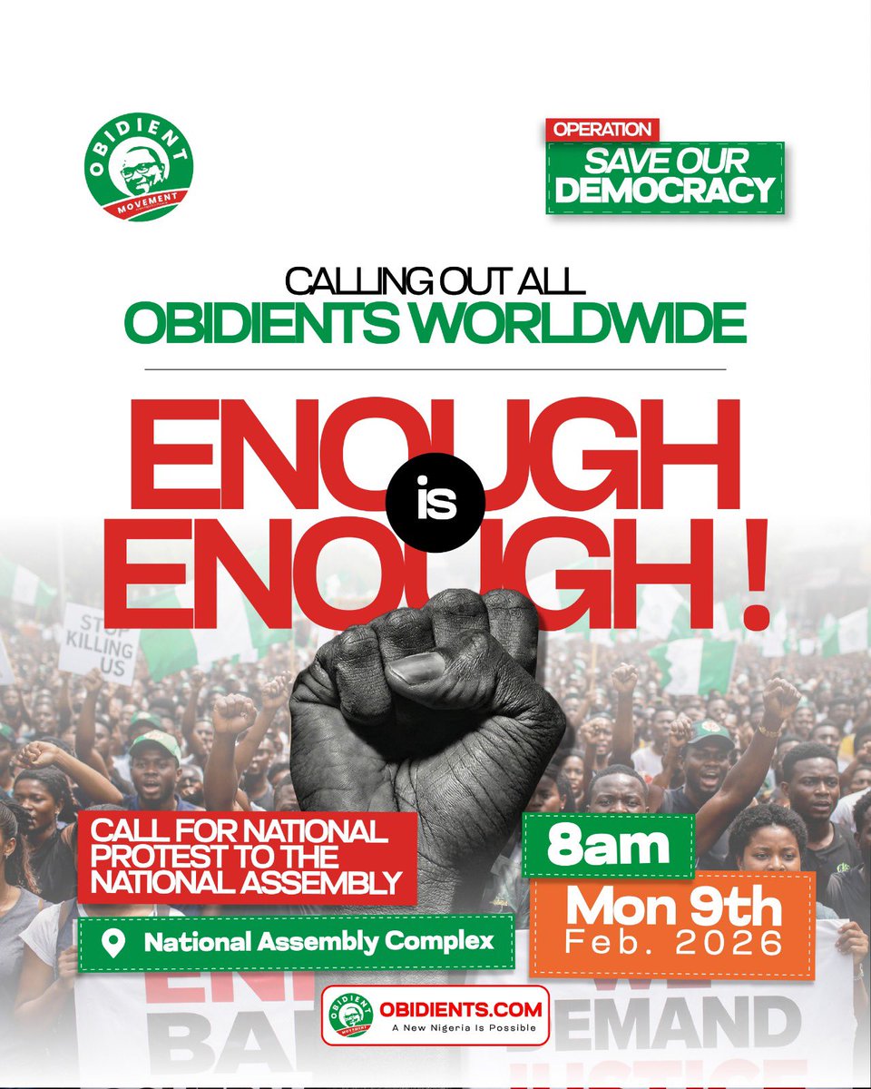 OBIDIENTS ALL OVER THE WORLD SAY NEVER AGAIN❗️

OUR VOTES MUST COUNT❗️

OCCUPY NATIONAL ASSEMBLY 
#OccupyNASS2026 

MANDATORY REAL-TIME TRANSMISSION OF RESULTS OR NOTHING ❗️AMONGST OTHERS❗️

2027 = OUR VOTES MUST COUNT‼️

#ElectoralReform 
#OccupyNASS2026