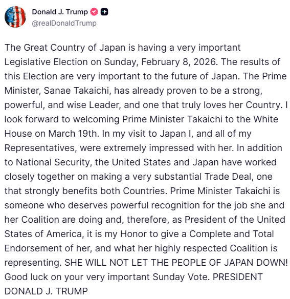 CaoChangqing's tweet photo. 高市早苗领导的自民党狂胜！美国总统川普立刻发文表达热烈祝贺！盛赞高市是智慧、强势的首相，并将在3月19日迎接她访问美国。高市首相也立即回复，感谢川普总统的“亲切话语”，说美日同盟“具有无限潜力”。当年美国里根总统和英国铁娘子撒切尔首相联手，打赢冷战，促使英美重大改革。今天川普和高市联手，美日将主导世界风潮（日本取代白左统治的英国），这是自由世界的幸运！