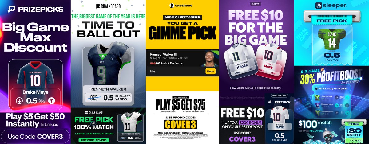 TheCov3r's tweet image. What better day to take advantage of free bonus cash/picks than Super Bowl Sunday! We got you COVERED! 👌

🤑 PrizePicks $50 instantly + Drake Maye Pick prizepicks.onelink.me/LME0/COVER3

💰 Chalkboard $100 deposit match + Kenneth Walker Pick go.chalkboard.io/websignup-v1-t…

🐶 Underdog $75…