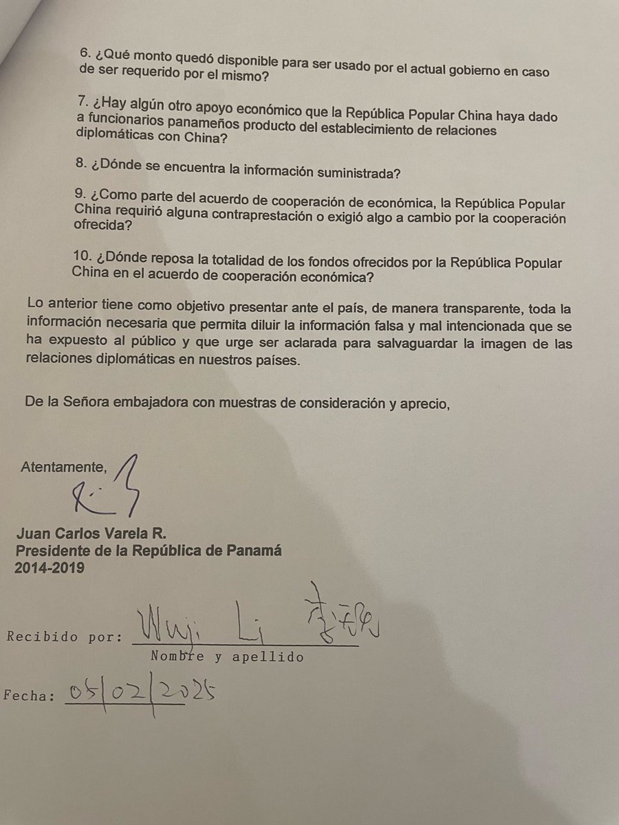 El día 3 febrero 2025 remití un documento formal a la embajada de la República Popular China para que aclare este tema ante el país con la transparencia que Panamá merece. La verdad debe prevalecer y toda cooperación internacional debe explicarse con absoluta claridad@EmbChinaPa