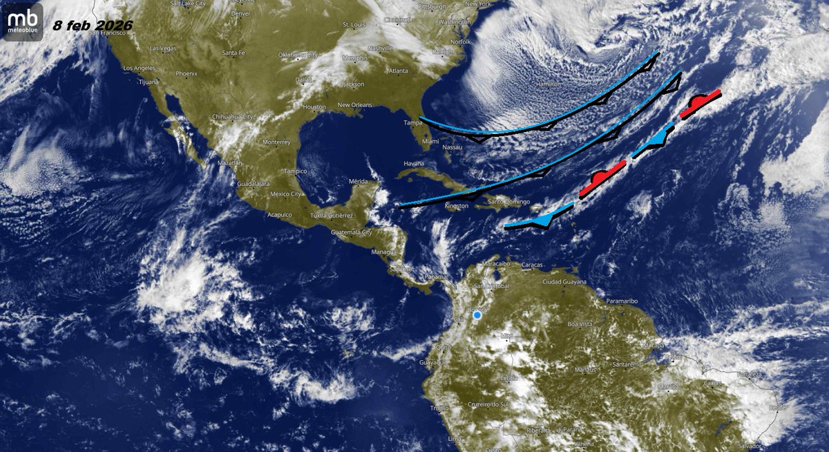 El frente ya está disipandose y su efecto disminuyendo. Aunque aun van a caer algunas lluvias sobre las zonas inundadas, las aguas van a ir descendiendo. La ZCI está sobre el sur del país y los Alisios van a acostarse del noreste, como son habitualmente en ésta época del año
