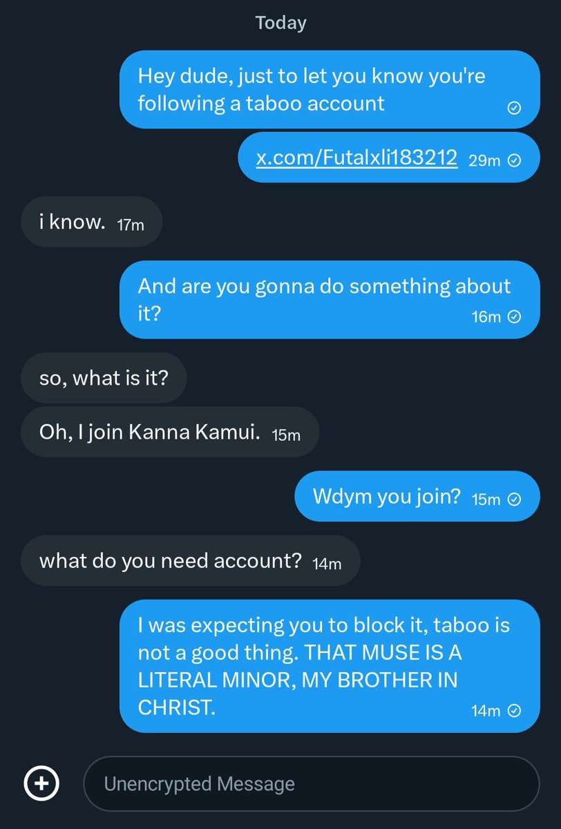 //Everyone please report this guy. This guy is a Christian (and autistic like I am), yet he's following a taboo account that involves a sexualized child.

And when I call him out on it, he blocks me.