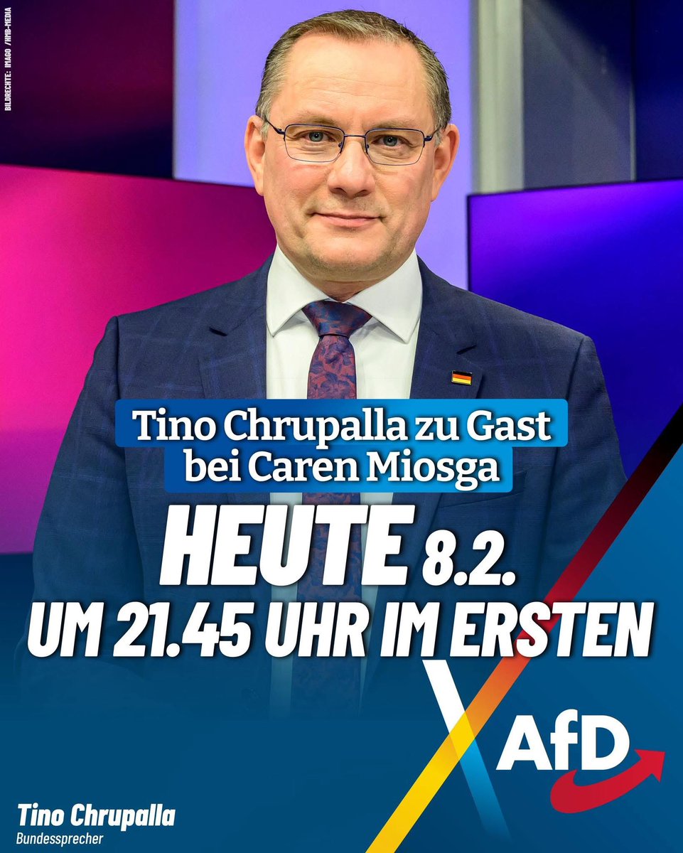 Heute um 21:45 Uhr ist unser Bundessprecher Tino Chrupalla zu Gast in der ARD-Talkshow „Caren Miosga“.

Einschalten!