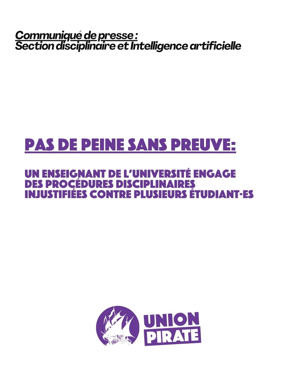 UnionPirateCaen's tweet photo. Communiqué de presse.

L'union Pirate dénonce des procédures disciplinaires injustes de la part d'un professeur visant des étudiant-es de l'Université de Caen Normandie pour une utilisation supposée de l'IA générative. https://t.co/e9BoBxdgbO