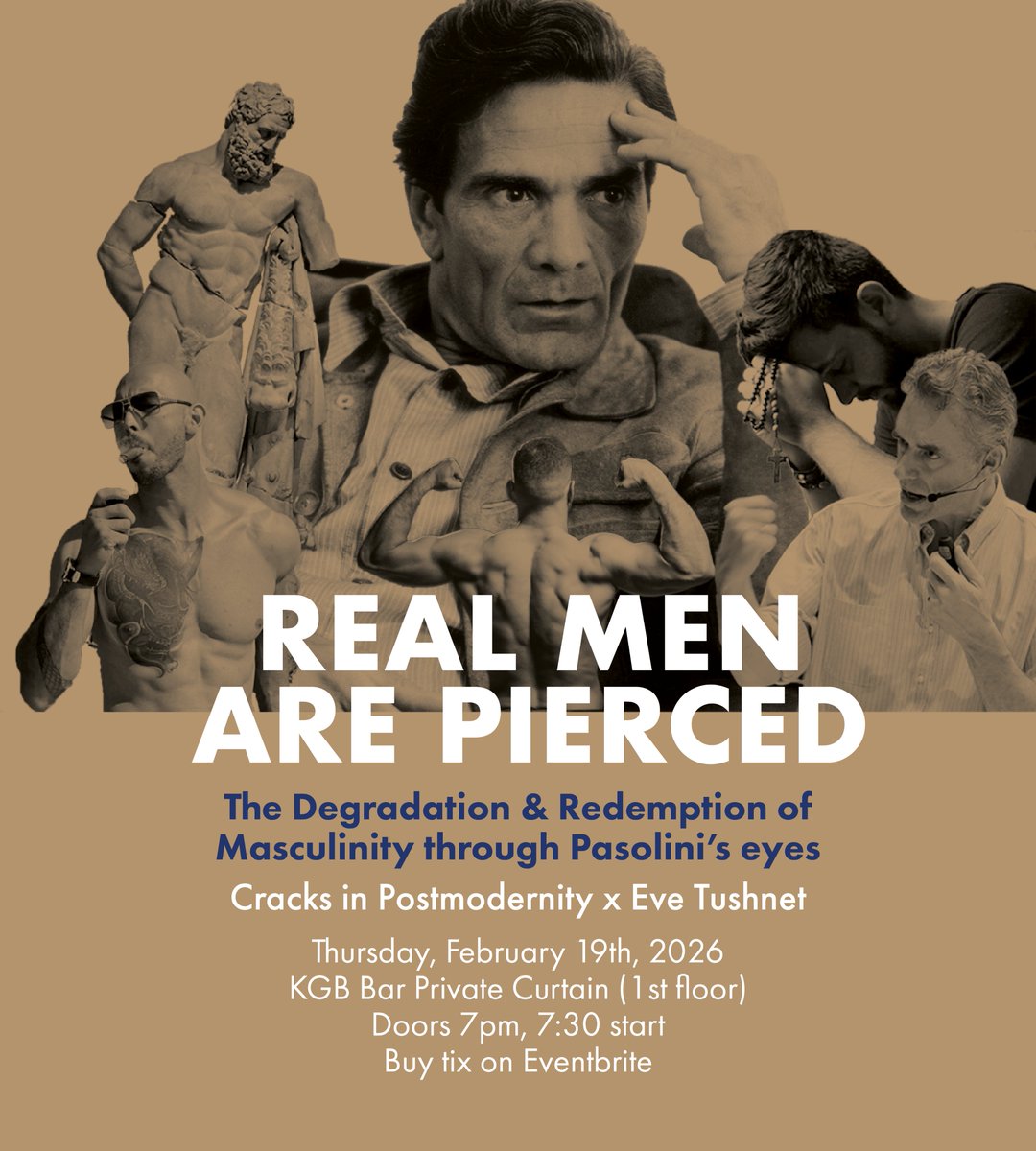 stephengadubato's tweet photo. Eve Tushnet @evetushnet joins Cracks in PoMo for a discussion on the degradation &amp; redemption of masculinity through Pasolini's eyes. Get tix here

https://t.co/CJv3MZygds https://t.co/lNuphpNnkm