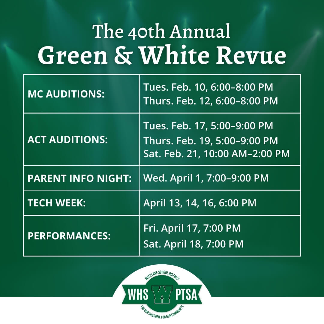 Attention WHS Seniors: MC auditions for the 40th Annual Green &amp; White Revue are THIS WEEK! 
-Tuesday, Feb. 10, 6:00–8:00 PM 
-Thursday, Feb. 12, 6:00–8:00 PM 
Sign up for an MC audition time at signupgenius.com/go/10C0A49A4AC…
More details at tinyurl.com/36avyafv
