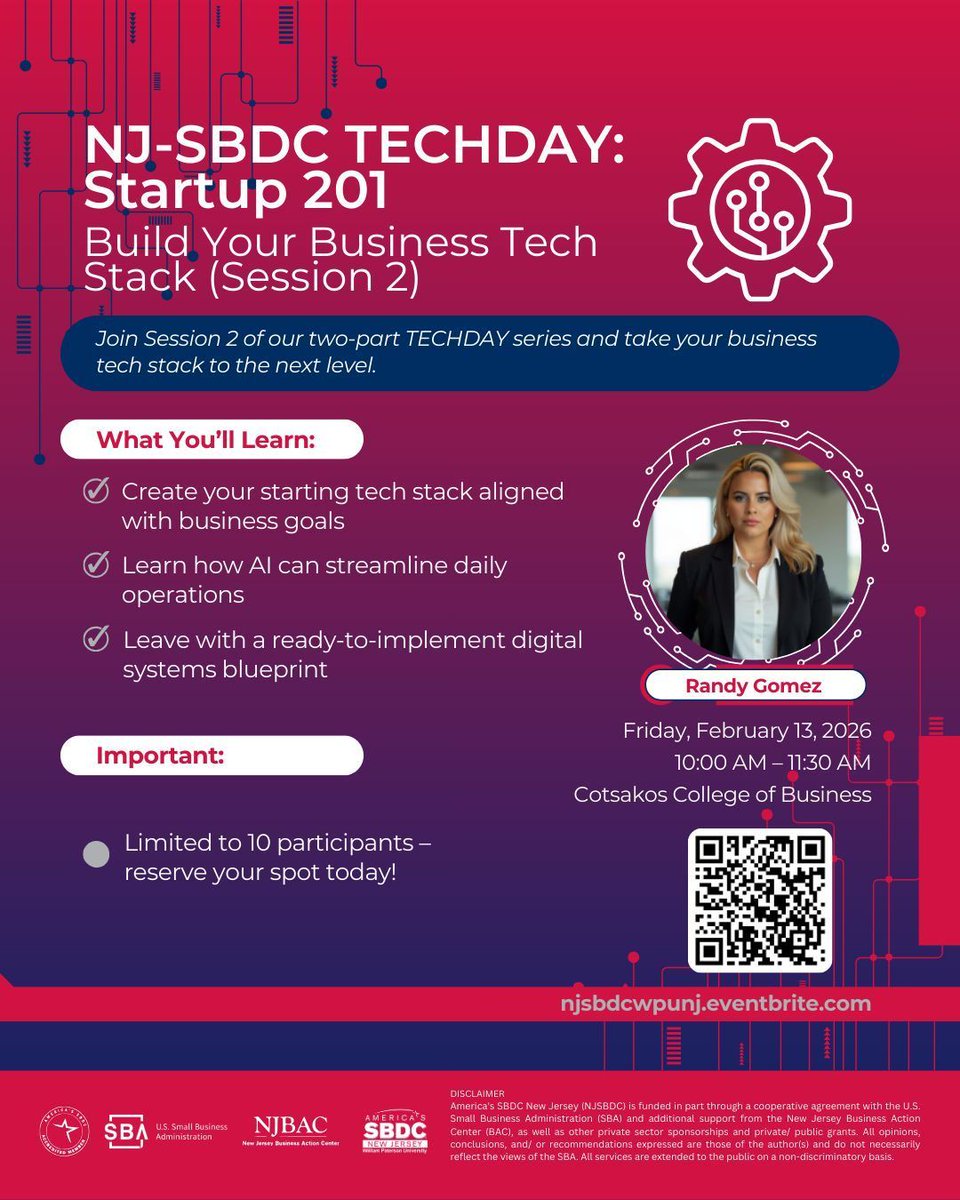 Boost your business tech stack! 

Join NJ‑SBDC TECHDAY: Startup 201 to learn AI‑driven ops + build a smart digital systems blueprint.

🗓 Feb 13 | 10–11:30 AM
👉 njsbdcwpunj.eventbrite.com

#SmallBusiness #TechDay #BusinessTech #Entrepreneurs #SBDC
