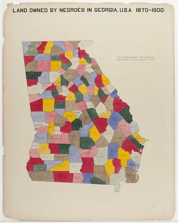 BlackStats's tweet photo. Nearly 2 million acres of land were owned by Black Georgians by 1900, just one generation after slavery. Then came Jim Crow and discriminatory policies which systematically dismantled that progress.

This map was created by W. E. B. Du Bois for the Paris Exposition. https://t.co/4F8TnMthvO