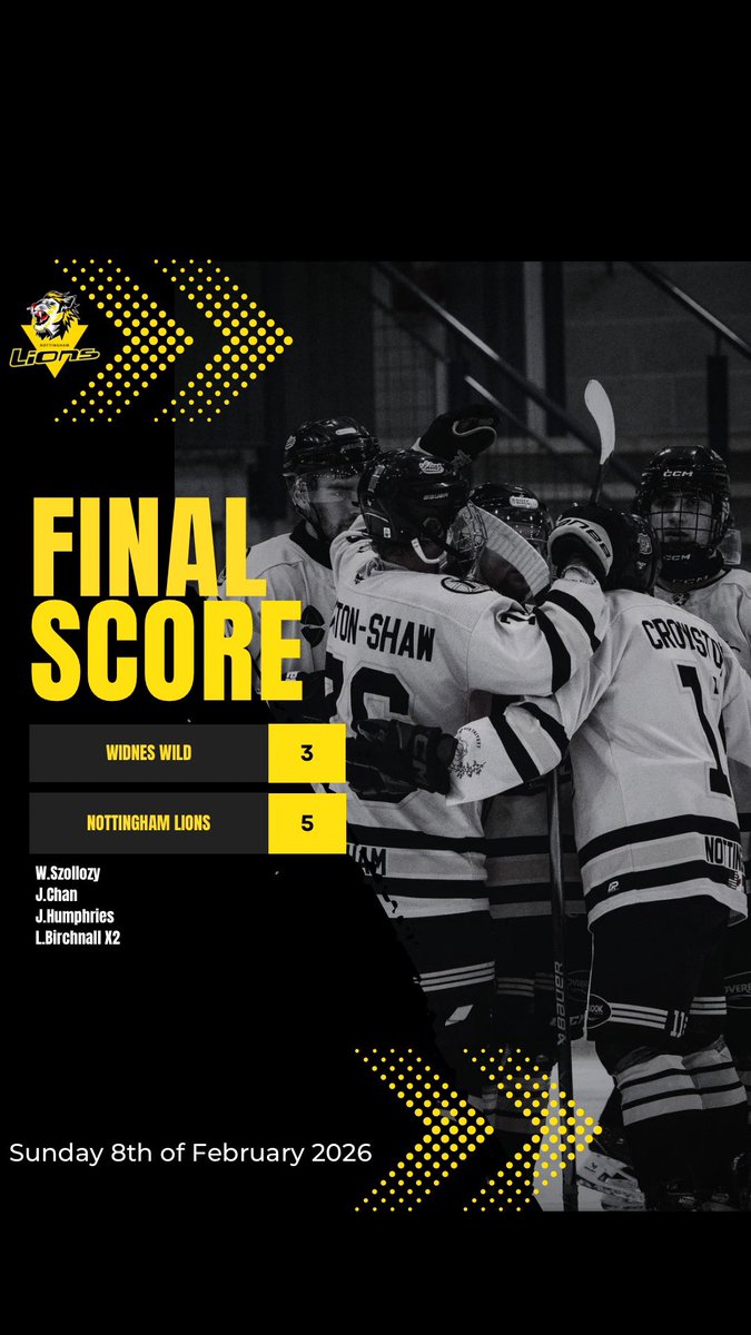 NottinghamLionz's tweet photo. Big Win for the The Nottingham Lions in Widnes π¦
πΎ3-5π¦
Join us next Sunday as we face off against The Billingham Stars on Sunday
#nihl1 #nottinghamlions #roartalent #icehockeyuk https://t.co/XCJbeaXLvR