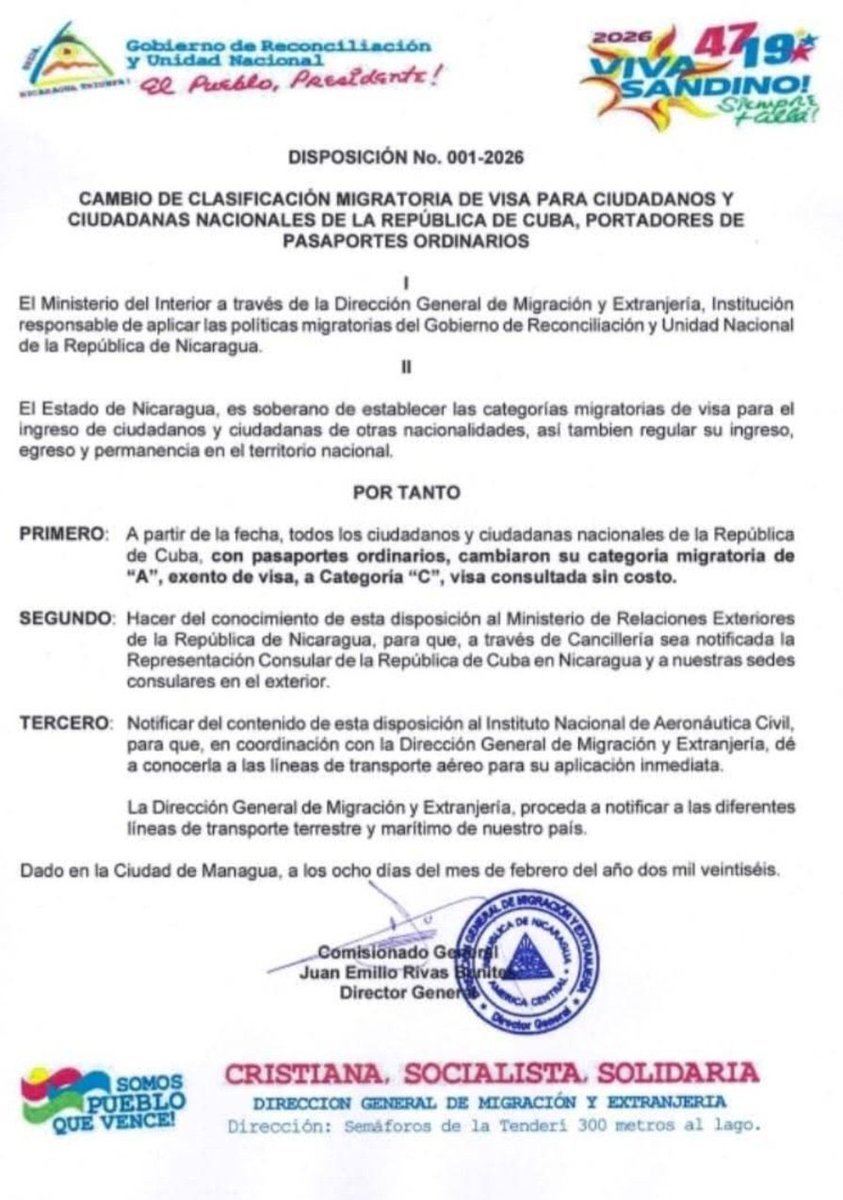 El régimen de #Nicaragua está adoptando medidas que evidencian un cambio en sus posiciones diplomáticas. Resulta llamativo que, tras haber facilitado la migración hacia #USA en los últimos años  y la convirtió en un negocio lucrativo, ahora toma esta decisión.