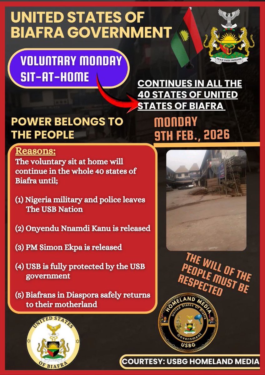 The Voluntary Monday Sit at home continues in the entire Biafra territory tomorrow 

Any attempt by anyone or group to tamper with the voluntary sit at home loved by the Biafra people will be met with stiff opposition

DPM