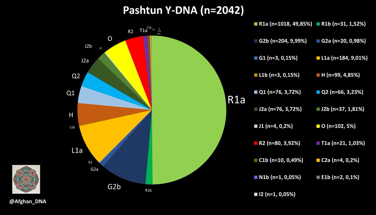 Afghan_DNA's tweet photo. New updated Y-DNA chart for Pashtuns from Afghanistan, Pakistan, India (confirmed Pashtun lineages) and Arabia (Pashtun diaspora). The sample size is now n=2042, but some tribes are still overrepresented like Yusufzai (70% R1a) and Jadoon (70% Y-DNA O). So the frequency of lineages like G2b and L1a is likely a bit higher in reality and the frequency of lineages like O lower.