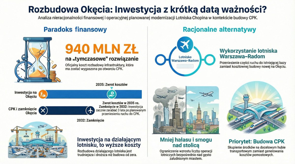 💰 Miliony na „tymczasową” rozbudowę Okęcia. Czy to się opłaca?

Planowana modernizacja Lotnisko Chopina budzi ogromne kontrowersje finansowe. Przyjrzyjmy się twardym danym:

💸 Rachunek, który budzi wątpliwości:
- Oficjalnie: Mówi się o ok. 940 mln zł na niezbędne prace.
-