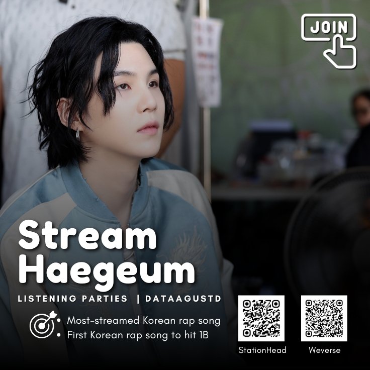 Join our 24/7 listening parties or used these focused playlists to stream Haegeum, or lose two crucial records 👇

🎶 SH: stationhead.com/streamforsuga
🎶 WV: listening-party.weverse.io/bts/wlp/4-2198…

🥢 Haegeum-Focused Short PLs:
🟢 open.spotify.com/playlist/77qB0…
🟢 open.spotify.com/playlist/4KFnj…
🟢