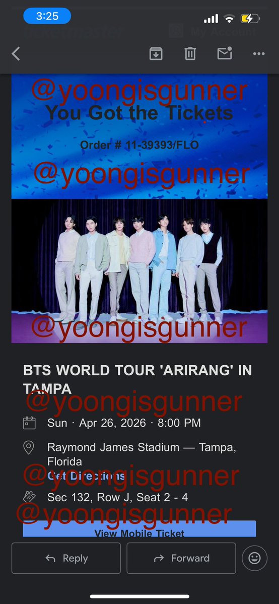 Hey guys I have three extra tickets for BTS’s Tampa concert on Sunday, April 26th since me and my friend got different seats. 

I want to sell to armys FACE VALUE PRICE with proofs and we can do our transfer through FaceTime or zoom 

Section 132 Row J seats 2-4‼️