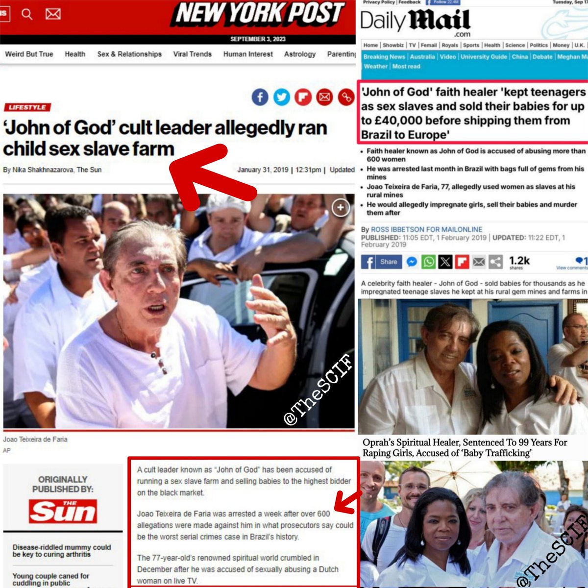 Oprah's mentor and fraudulent "spiritual healer," 77 year-old, Joao Teixeira de Faria, aka "John of God," was also mentioned in the Epstein files for farming babies and selling them on the black market.

He was accused of abusing over 600 women and children. He would abuse and