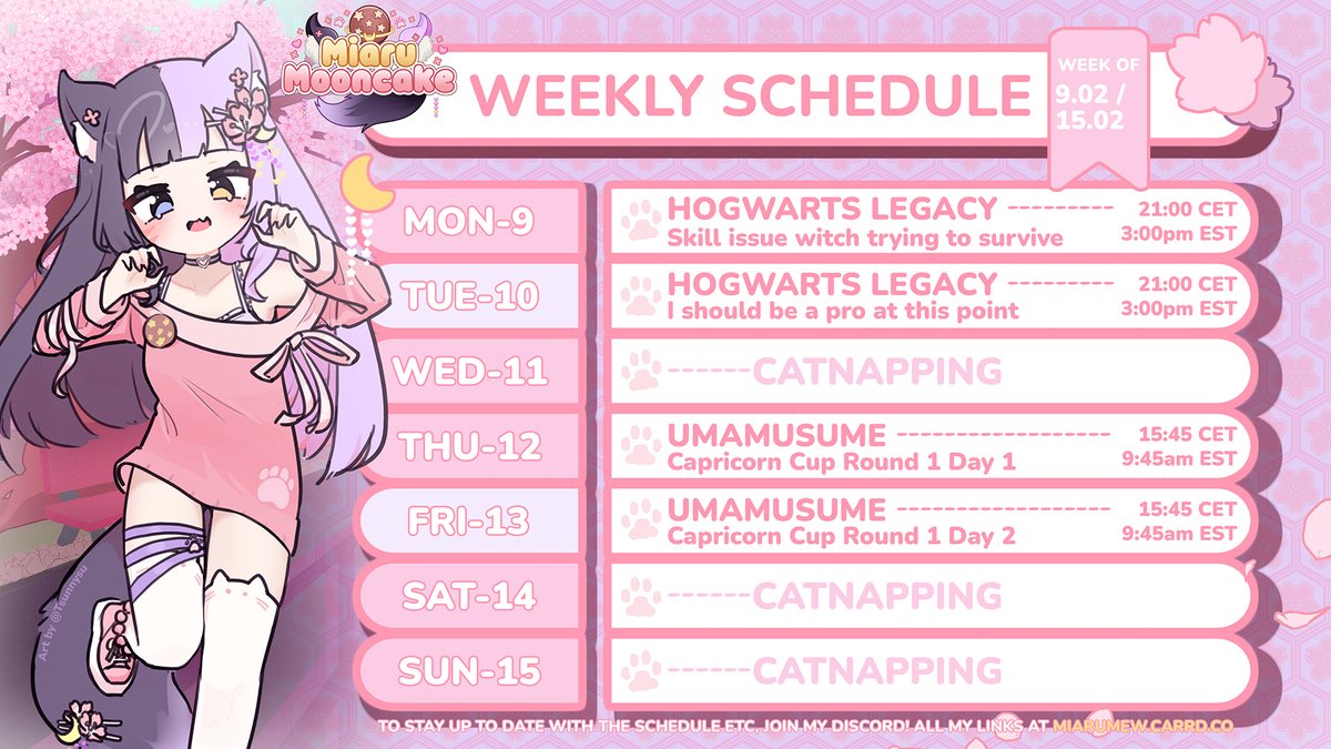 The new schedule is out!!! I'm still trying to adjust to my irl commitments so it is a 4 out of 7 streaming days schedule again 👉👈 Ideally I'd want to get to a 5/7 one, if I get enough time I might do a surprise stream but no promises 💖🐾💫
#Vtuber