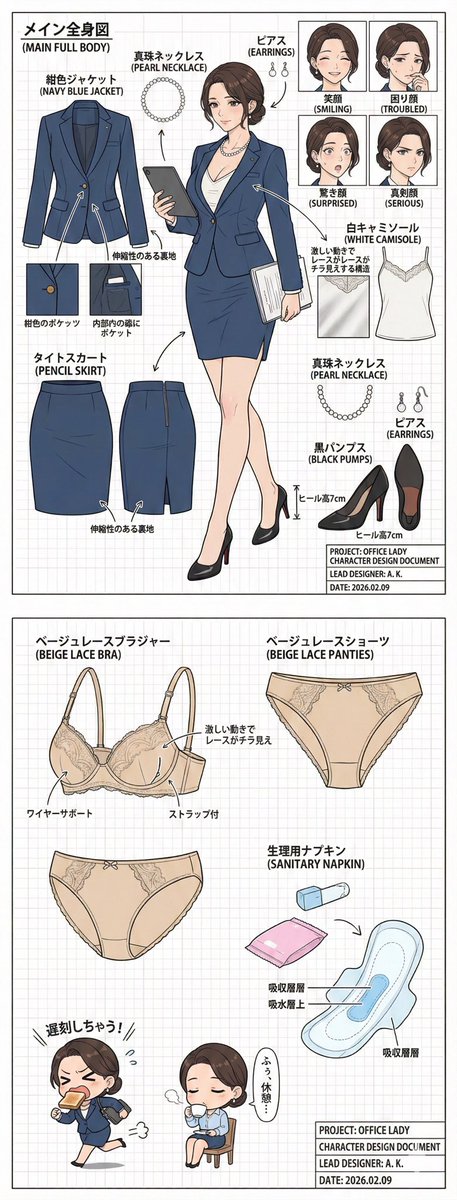 illust_gallery's tweet photo. 「あ、遅刻しちゃう…っ！🍞🏃‍♀️」

完璧なキャリアウーマンに見えて、実は朝はバタバタな彼女。
そんな彼女の「表」と「裏」を詰め込んだ設定資料を作ってみました。

紺色のジャケットの下には、内緒のこだわりがたっぷり。

#AIart #AIイラスト #OL #キャラクター設定 https://t.co/XzeQrilTeE
