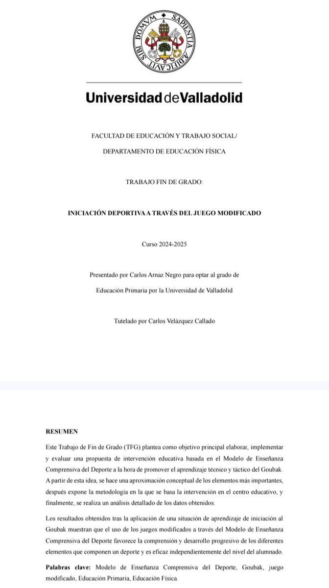 Nuevo TFG realizado por Carlos Arnaz Negro de la <a href="/feyts_uva/">feyts_uva</a> sobre la iniciación deportiva a través del juego modificado 👉🏻utilizando el #Goubak como eje central🤝🏻😉

🔗Directo de descarga en uvadoc.uva.es/handle/10324/8…

🔗 Este y otros TFG disponibles en goubaksport.com/tfg/